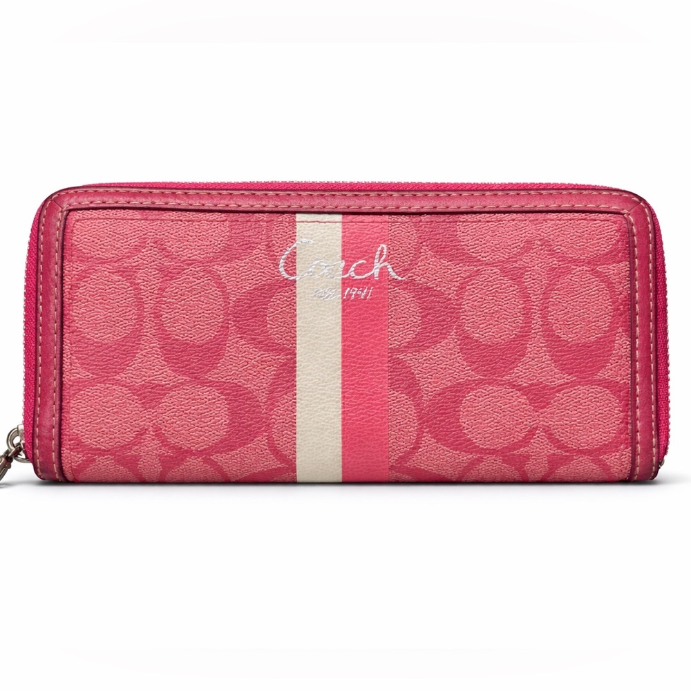 COACH Pink Signature Stripe Zip Around Wallet | Accordion Continental